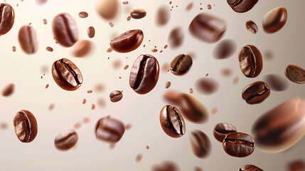 Background with flying coffee beans in brown tones 