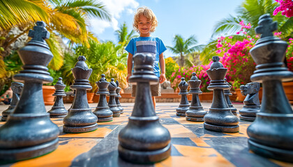 A cheerful young boy stands confidently among oversized chess pieces, the game set in an inviting...