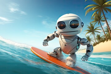 cute robot on surfboard surf a wave on tropical beach in summer illustration