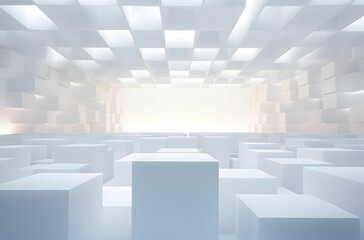 AI generated illustration of an illuminated white room with white cube-shaped figures