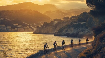 Group of cyclist ride together on road bicycles in beautiful nature. Sunset light, sea in background - obrazy, fototapety, plakaty