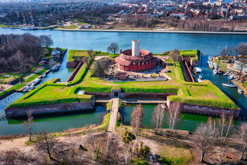Aerial landscape of the Wisloujscie fortress at spring , Gdansk. Poland. - obrazy, fototapety, plakaty