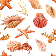 Watercolor Seamless pattern with seashell, coral, crab, starfish nautical wallpaper, sea background design Hand drawn 