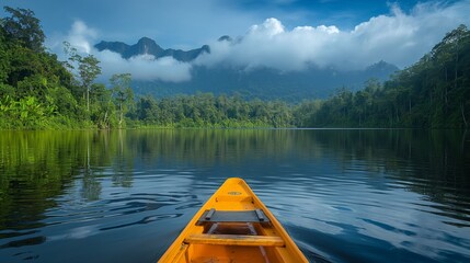 AI generated illustration of a canoe on a serene lake with distant fog - obrazy, fototapety, plakaty