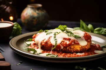 Refined chicken parmesan on a rustic plate against a ceramic mosaic background