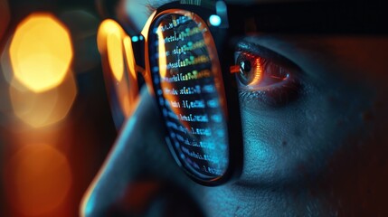 In 4K clarity, a programmer focuses on cyber security coding, glasses reflecting the glow of digital progress - obrazy, fototapety, plakaty