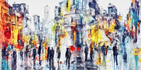 AI generated illustration of a cityscape with a busy crowd in an abstract style