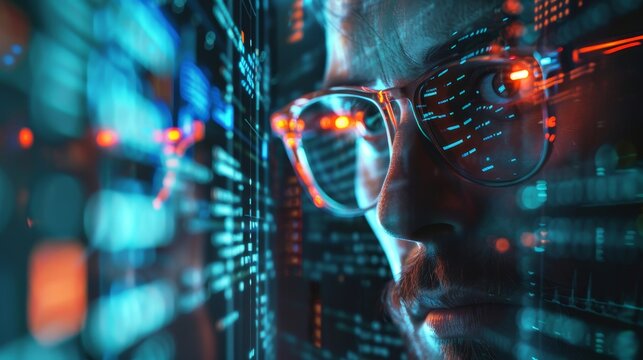 In cinematic 4k, a programmers intense focus on developing cybersecurity codes, technology in action