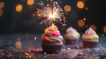 AI-generated illustration of colorful cupcakes adorned with sparklers - obrazy, fototapety, plakaty