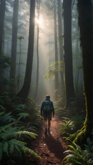 A man with a backpack hiking through a foggy forest with tall trees and ferns. The sun is shining through the trees