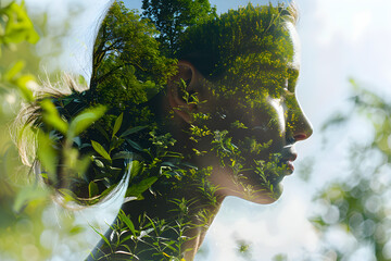 Double exposure illustration of woman profile and nature, representing mental health and Earth Day.
