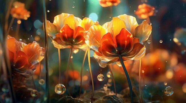 AI generated illustration of magical dreamy flowers on a lush field