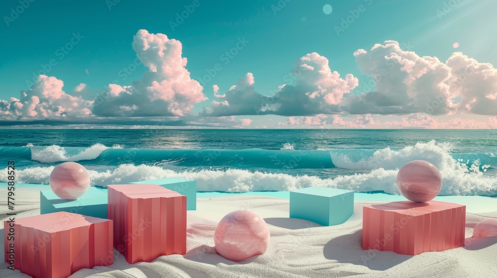 Aufkleber Three-dimensional rendering of an abstract summer landscape with geometric shapes. View of the ocean beach in the distance.