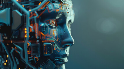 Naklejka na ściany i meble Cyborg face with circuit board. 3d illustration. Technology concept. AI.