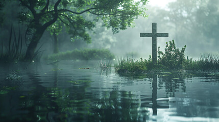 Cross in the misty forest with reflection in water. 3d rendering. AI.