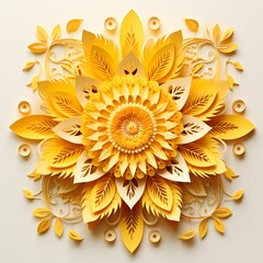 AI generated illustration of a bright yellow paper cut flower on a white background