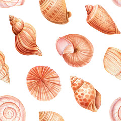 Watercolor Seamless pattern with seashells, Sea shell marine, nautical greetings, invitations, wrapping paper, textile