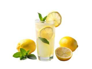 A cup of lemon juice with slices lemon on transparent background