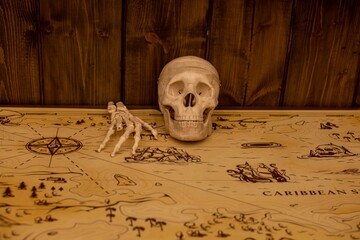 Skull and bones of a hand on the pirate's map