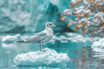 Glaucous gull sitting on a small iceberg in front of a glacier