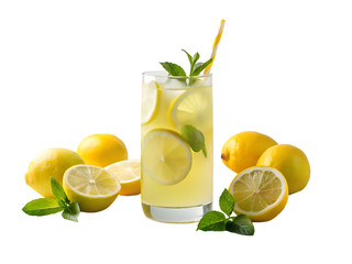 A cup of lemon juice with slices lemon on transparent background
