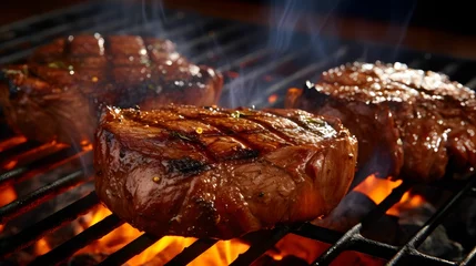 Foto op Canvas AI generated illustration of steaks cooking on a barbeque grill © Wirestock
