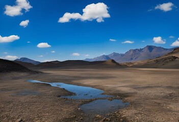 Fototapeta na wymiar AI generated illustration of a barren desert plain with distant mountains and water puddles