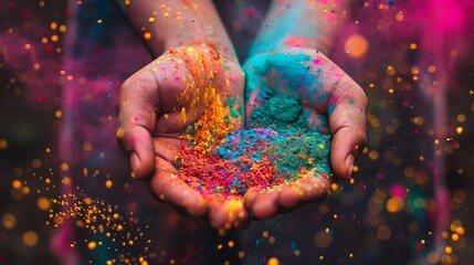 Close-up of hands throwing colorful powder into the air, a microcosm of Holi's spirit, vibrant and lively - obrazy, fototapety, plakaty