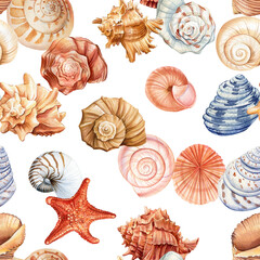 Watercolor seashell seamless pattern. Underwater creatures, Seashell repeat texture background. Hand drawn wallpaper - obrazy, fototapety, plakaty