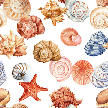 Watercolor seashell seamless pattern. Underwater creatures, Seashell repeat texture background. Hand drawn wallpaper