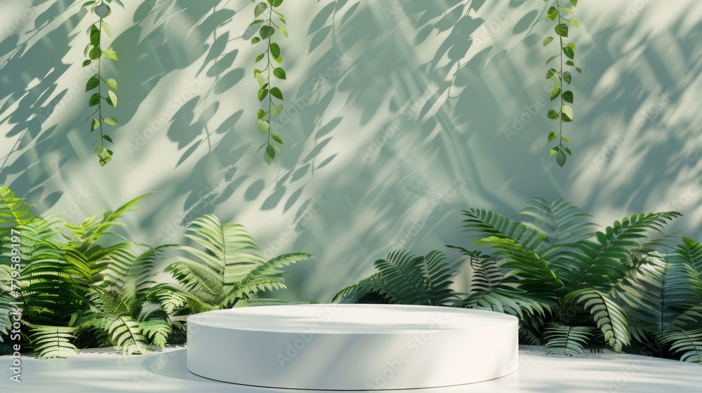 Poster Backdrop for product display with fern garden scene in summer. 3D rendering.