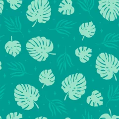 Foto op Plexiglas Trendy hand drawn palm leaves seamless pattern. Vector retro green tropical leaf print for fabric, summer decor, wrapping paper. © Ketmut