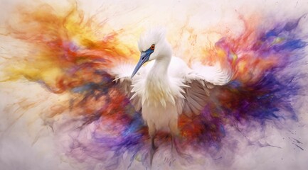 a painting of a large white bird with its wings spread