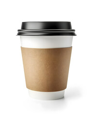 Coffee in takeaway paper cup side view isolated on white background