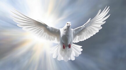 A majestic white dove in flight against a majestic backdrop of deep blue sky and sunrays
