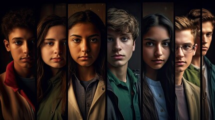 Diverse group of teenagers with serious expressions looking directly at the camera. Ai generated - obrazy, fototapety, plakaty
