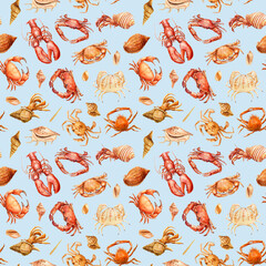 Trendy Hand drawn seashell, crab. Marine illustration Seamless Pattern watercolor Design for fabric wallpaper cover