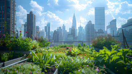 A rooftop garden, with skyscrapers towering above as the background, during a sunny afternoon - obrazy, fototapety, plakaty