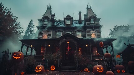 a creepy house with pumpkins on the front of it