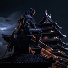 Ninja on the rooftop against the backdrop of a Japanese castle at night. AI-generated.