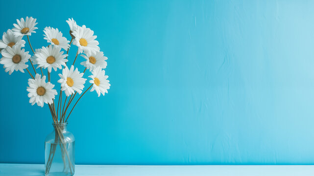 AI-generated illustration of a Bouquet of Daisies in a Glass Vase on a blue textured background