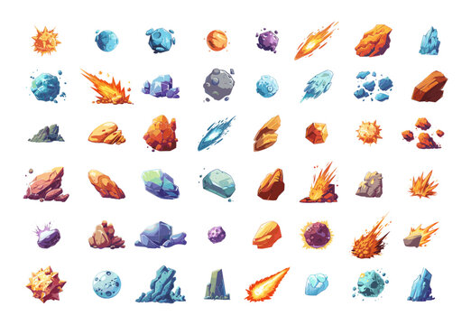 Meteorites asteroids cartoon vector set. Comets stones rocks crystals celestial bodies space atmospheric alien planets fragments, illustrations isolated on white background