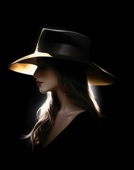 AI generated illustration of a female figure wearing a fedora against a dark background