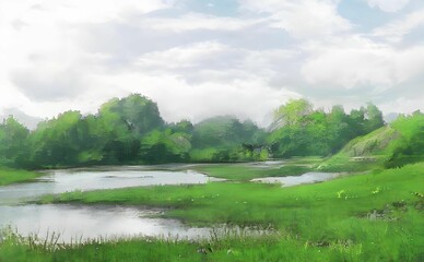 Illustration of a lake with forests
