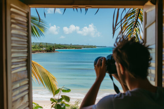 person taking pictures of the beach and ocean from inside a room