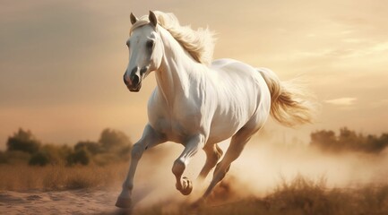AI-generated illustration of A majestic white horse gallops across the desert landscape - obrazy, fototapety, plakaty