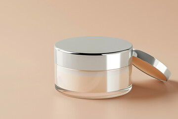 Luxury face cream jar with metallic lid on beige background.