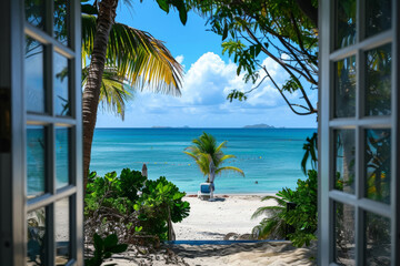 beach view from a window at a beach resort in the south pacific - obrazy, fototapety, plakaty