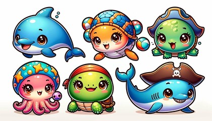 Charming Assembly of Chibi Sea Creatures Sticker Set - AI Generated Digital Art