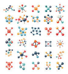 Molecules cartoon vector set. Atoms protons neutrons cell connections micro net structure physical matter compounds colored objects isolated on white background